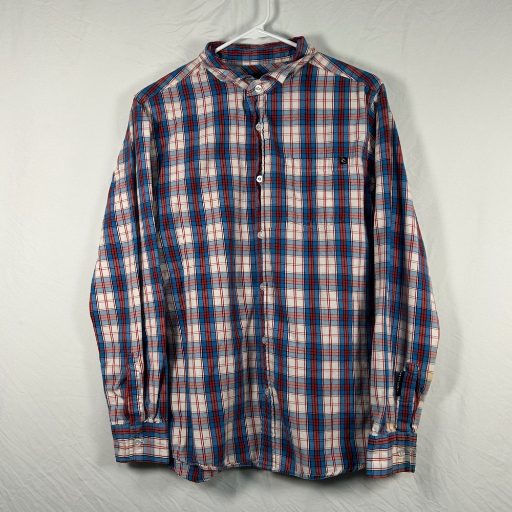 Rip Curl Button Down Shirt Mens Medium Blue Red Plaid Long Sleeve Surf Pocket